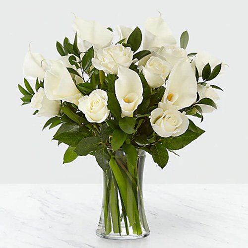 white roses and calla lilies Dozen White Roses & 10 White Calla Lilies in a Vase – Sofia Luxe Flowers